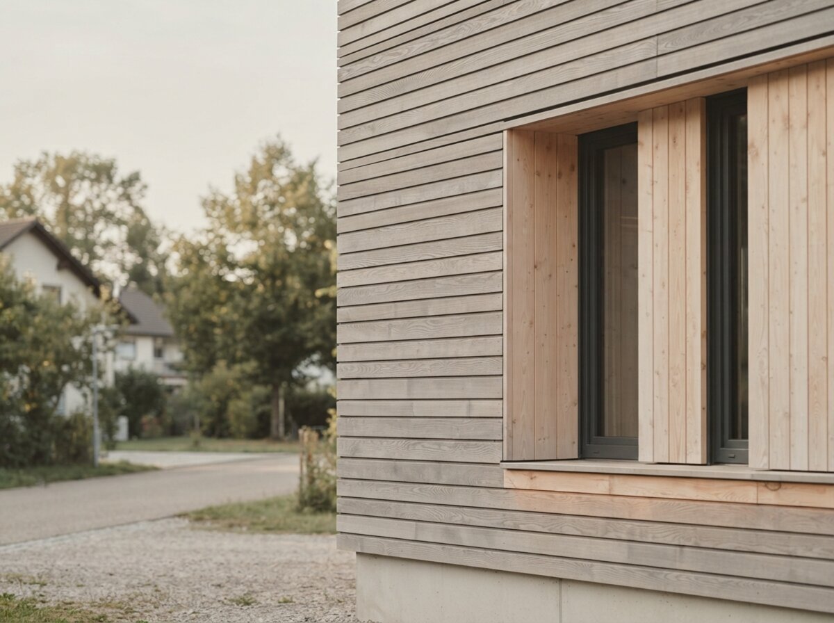 Holzfassade aus horizontalen Zedernbrettern an einer Hauskante, mit Fensterlaibung aus hellem Lärchenholz